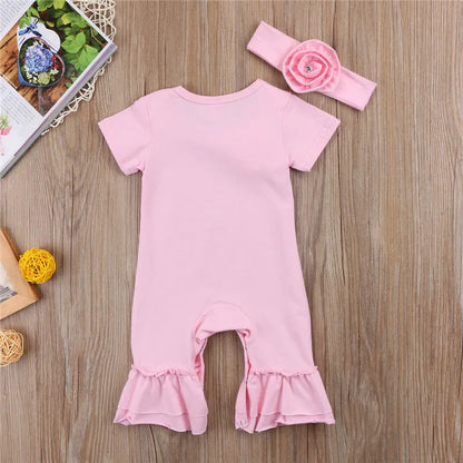 0-18months Baby Girls Romper with Headband Solid Pink Summer Short