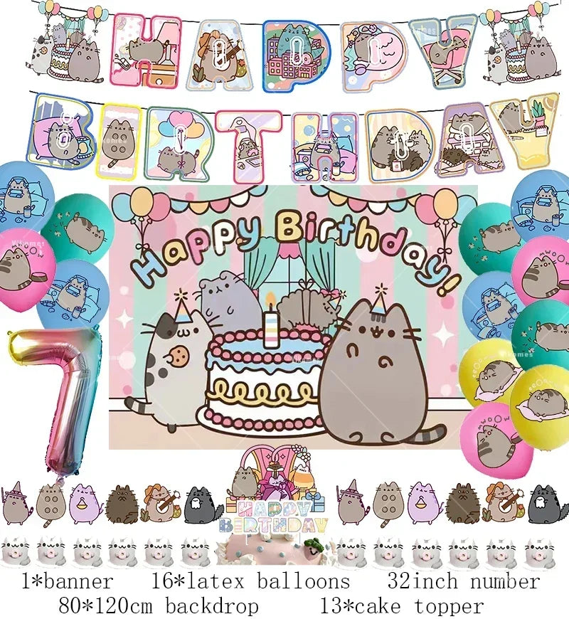 The Pusheen Cat Balloons Birthday Decoration Party Supplies Cartoon Grey Pet Fat Cat Theme Banner Backdrop Cake Topper Sticker