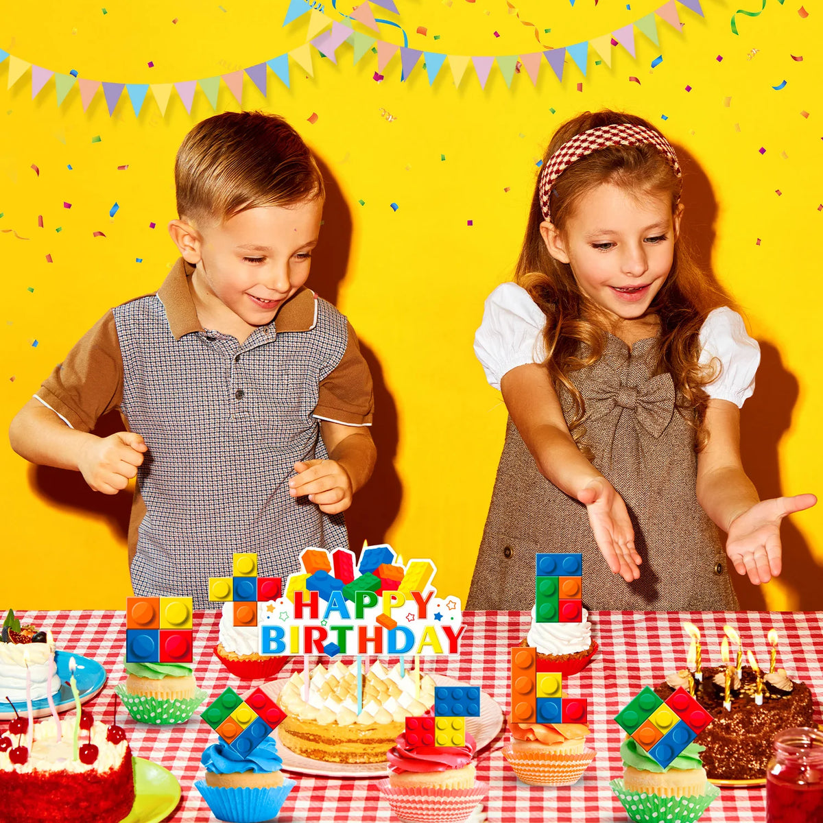 Building Blocks Cake Topper, 24 Pcs Building Block Birthday Party Cupcake Toppers + 1 Pcs Building Block Birthday Cake Topper