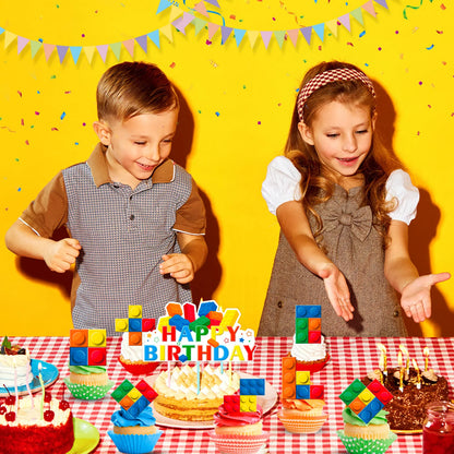 Building Blocks Cake Topper, 24 Pcs Building Block Birthday Party Cupcake Toppers + 1 Pcs Building Block Birthday Cake Topper
