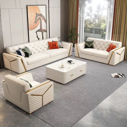 Modern Luxury White Leather Chesterfield Sofa Tufted Couch Living Room Furniture 3 Seater Loveseat Hotel Villa Sponge Filled