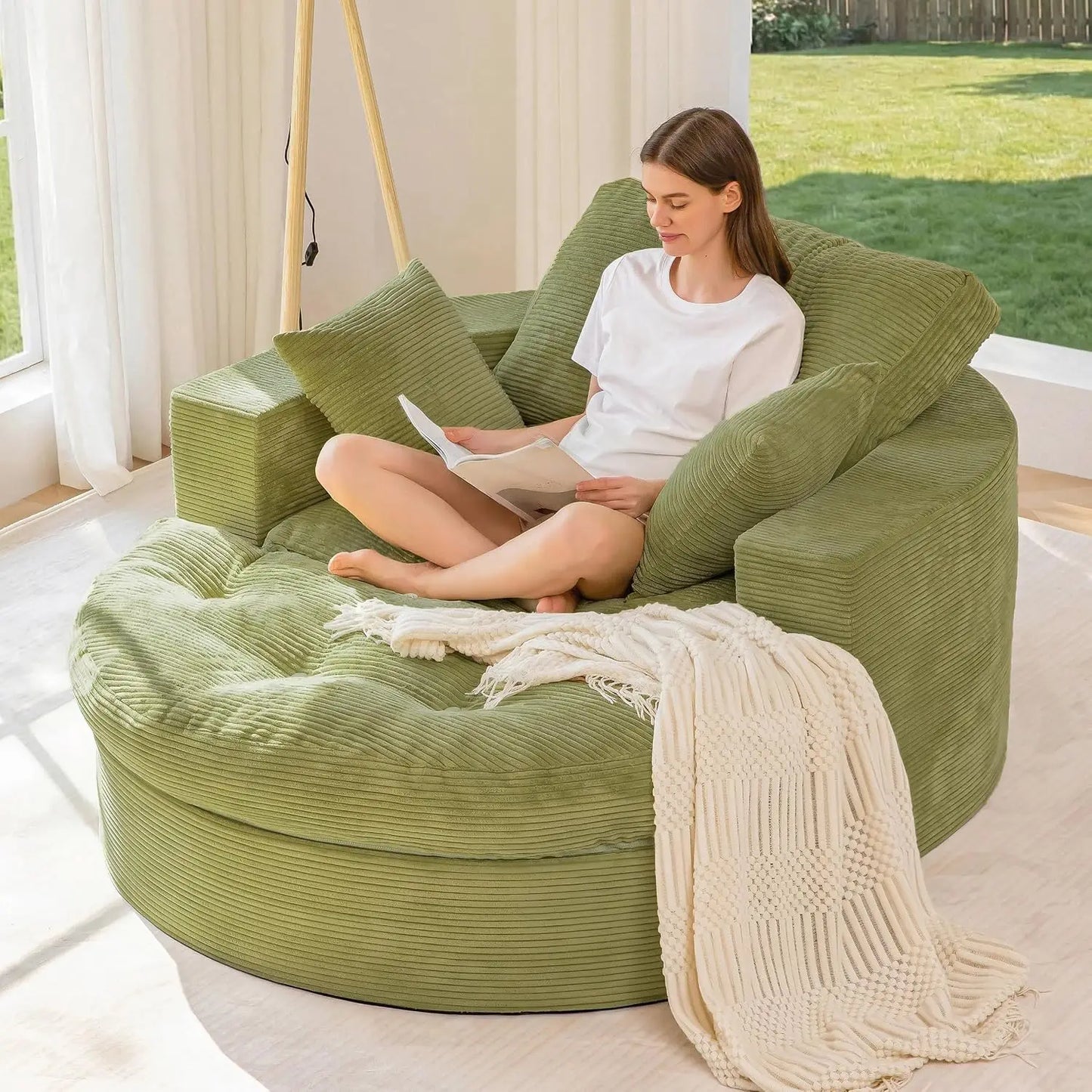 Oversized Round Chaise Lounge Sofa, Boneless Chair with Ottoman | Beige Upholstered Reading Chair Has a Deep Seat and 3, Custom