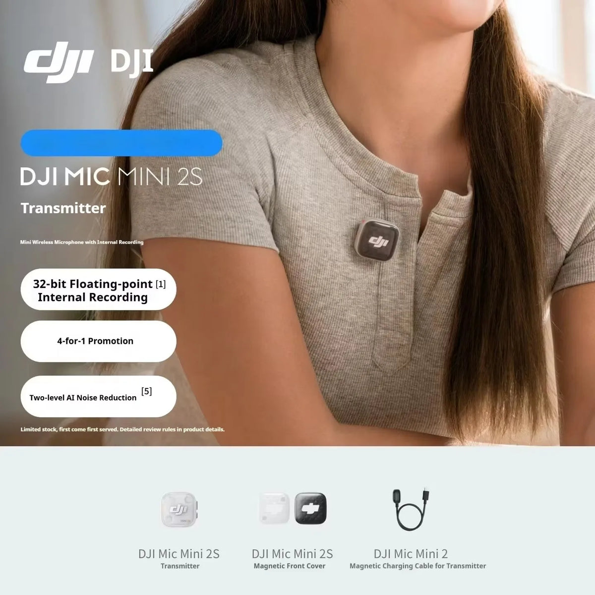 For DJI Mic Mini 2S Wireless Lavalier Mic 1TX/2TX 1RX Built-in Recording 32-bit Float AI Noise Reduction Mic for Camera Phone