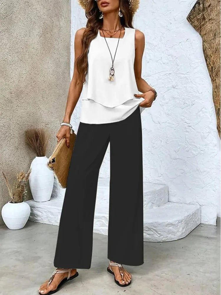 Summer Print Women Two Piece Set Fashion Top Sleevelss Elegant Suits Casual Office New Holiday Suit 2 Piece Set