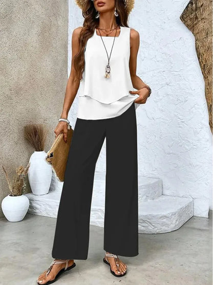 Summer Print Women Two Piece Set Fashion Top Sleevelss Elegant Suits Casual Office New Holiday Suit 2 Piece Set