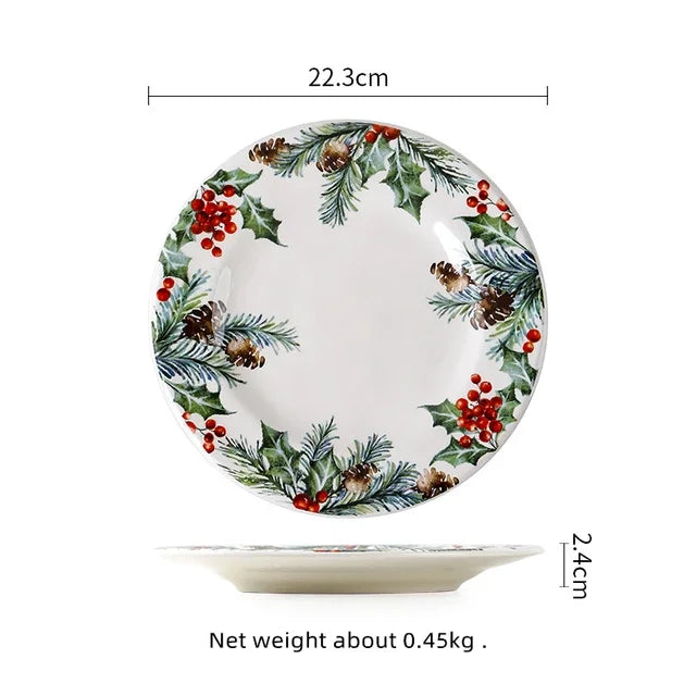 Christmas Ceramic Dinner Plate Set Household Underglaze Flat Round Dim Sum Decorative  Sushi