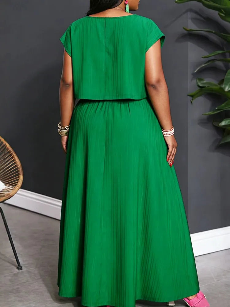 L-4XL Plus Size Women's Clothing 2 Piece Sets New Arrival Matching Two Pieces Sets Green Top And Skirt Suits Outfits Clothing