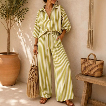 Fashion Stripe Two Piece Set Women Summer Autumn Casual V Neck Long Sleeved Top Wide Leg Pants 2 Piece Suit Women Outfit Sets