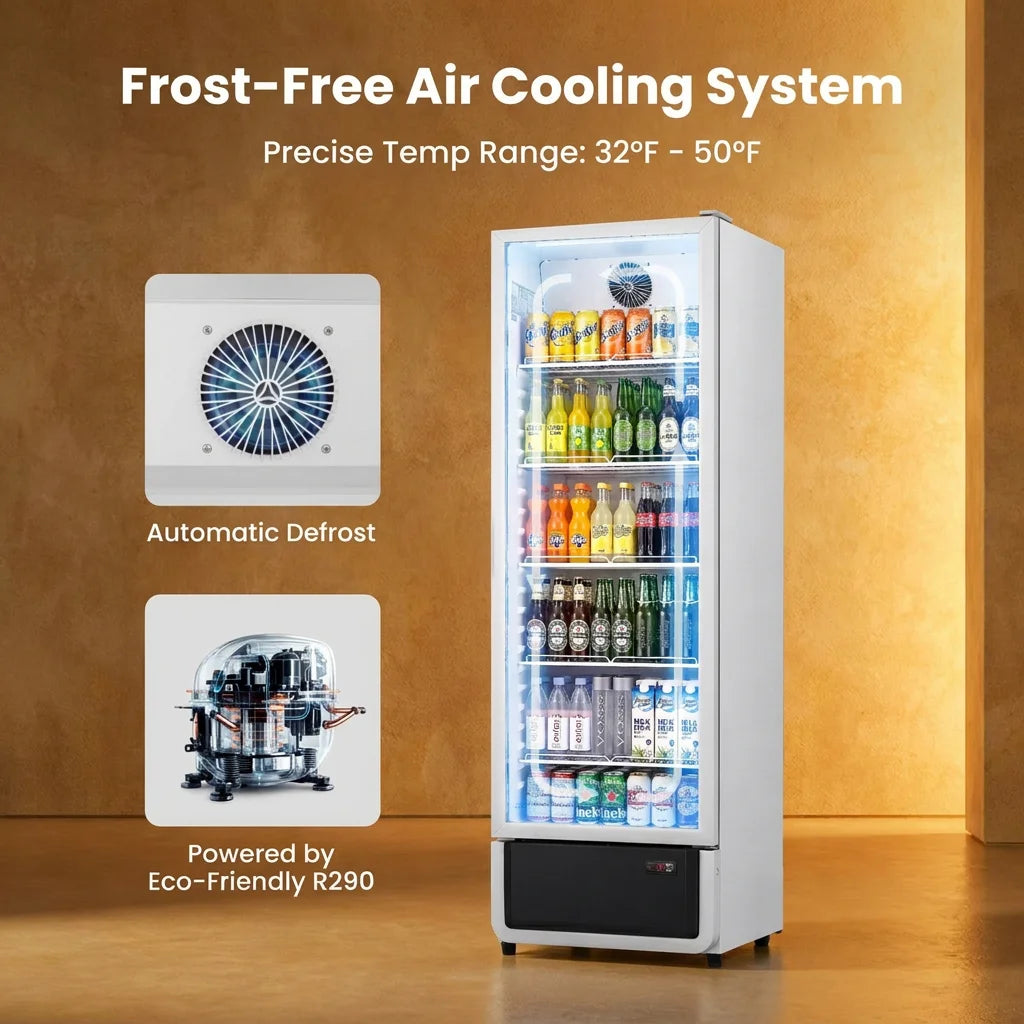 Yeego Commercial Merchandiser Refrigerator ETL & DOE Certified Air Cooled Beverage Display Cooler 32–50°F Adjustable Temp LED Light Lockable Casters, Easy Clean Vent Grille Multi Sizes Available for Convenience Store Café