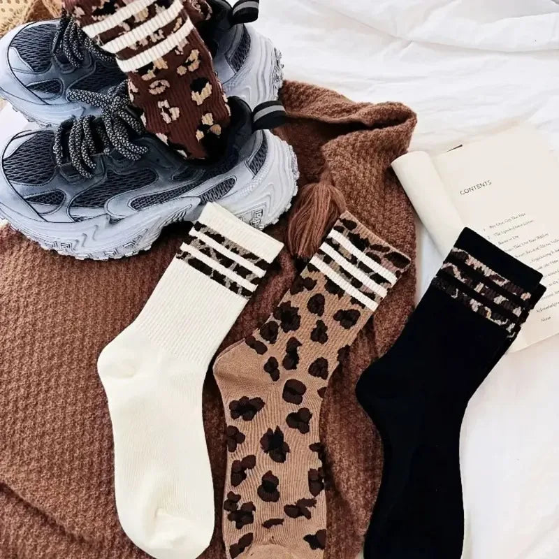 4 Pairs Women Leopard Socks Cotton Sports Y2k Student White Lolita Harajuku Girl Funny Socks