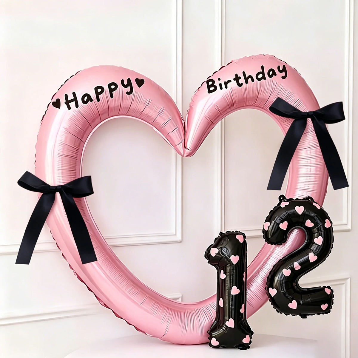 7Pcs 16inch Black Number Hollow-Out Heart Balloons and Heart Stickers Set, Includes 2 Number Balloons, 2 Stickers, 1 Glue Stick, 2 25cm Ribbons, for Birthday Parties, Wedding Anniversary Celebrations, Holiday Decorations
