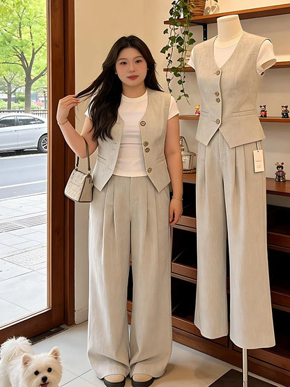 plus Size Casual Style Three Piece Set Women's Summer New White T-Shirt Sleeveless Tank Top Wide Leg Pants Ensemble