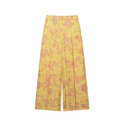 Women's Printed Pants Set Summer New O-neck Long Sleeve Rope Knot Decorative Tops High-waist Wide leg Pants Casual 2 Piece Sets