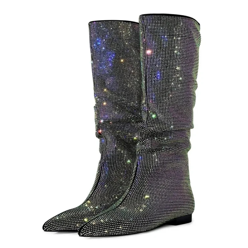 Silver Flat Bottomed Fashion Pleated Boots Big Size 36-47 Stone Grain Knee High Boots Pointed Denim Low Heels Sexy Women Shoes