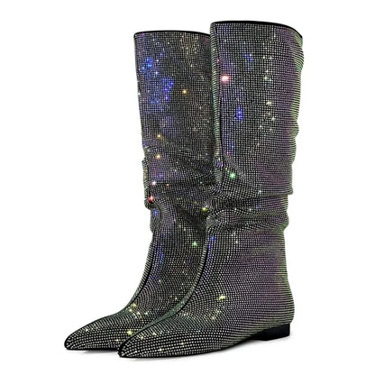 Silver Flat Bottomed Fashion Pleated Boots Big Size 36-47 Stone Grain Knee High Boots Pointed Denim Low Heels Sexy Women Shoes