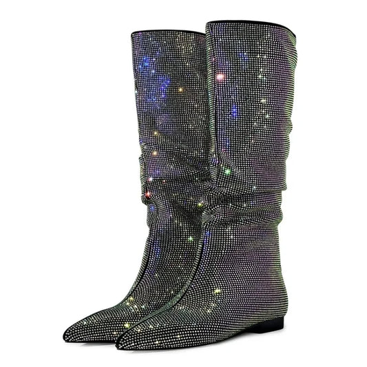 Silver Flat Bottomed Fashion Pleated Boots Big Size 36-47 Stone Grain Knee High Boots Pointed Denim Low Heels Sexy Women Shoes
