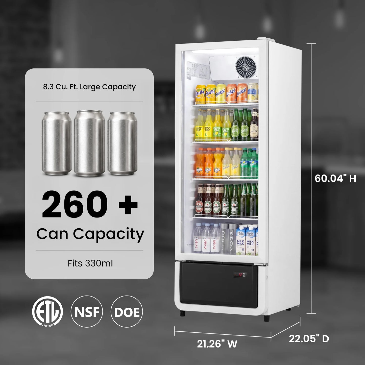 Yeego Commercial Merchandiser Refrigerator ETL & DOE Certified Air Cooled Beverage Display Cooler 32–50°F Adjustable Temp LED Light Lockable Casters, Easy Clean Vent Grille Multi Sizes Available for Convenience Store Café