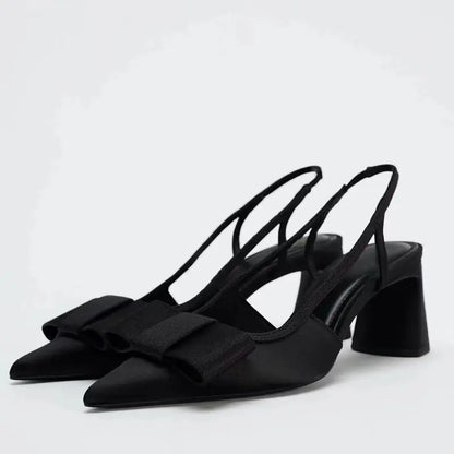 Summer New Women's Shoes with Black Bow Decoration, Exposed Heels, Thick Heels, Pointed High Heels, Shallow Sandals
