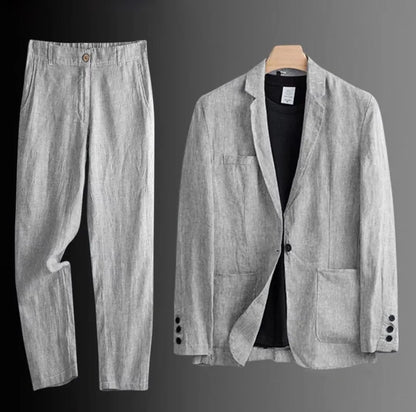 Cotton Linen Men's 2‑Piece Suit Lightweight Slim Fit Breathable Casual Suit Set for Office Wedding Sun Protection