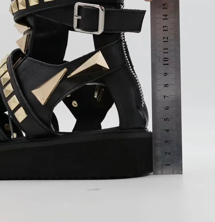 Men Casual Sandals Genuine Leather Platform Gold Rivet High Top Rome Luxury Height Increasing High Street Summer Black Shoes