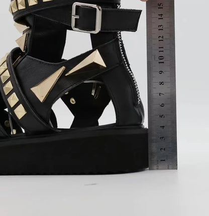 Men Casual Sandals Genuine Leather Platform Gold Rivet High Top Rome Luxury Height Increasing High Street Summer Black Shoes