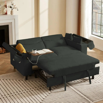 hansones 65'' 3-in-1 Folding Convertible Sofa Bed, Pullout Sofa, Modern Chenille Fabric, 360° Swivel Side Table, Easy Assembly,