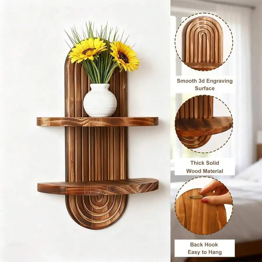 1pcs Shelf Wall Decor Boho Wood Floating Shelves 2 Tier Plant Holder Trinket Storage Rack Rainbow Hanging Decor For Home Bedro
