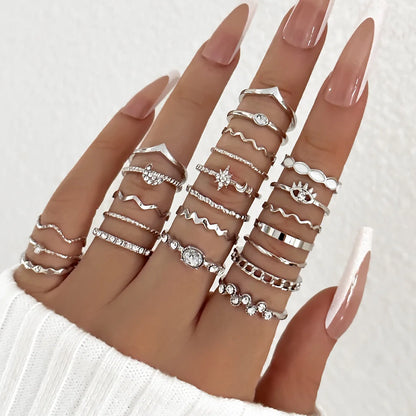 23pcs Fashion Knuckle Rings Set for Women Crystal Star Moon Eye Wave