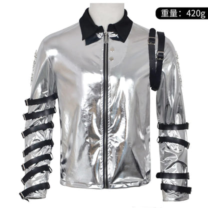 New In Stock: Michael Jackson Bad Era Silver Jumpsuit. Retro Rock Star Stage Performance Bodysuit & Top