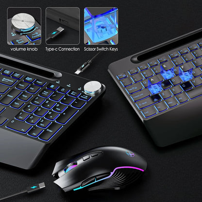 7 Colors Backlit Keyboard With Slot and Wrist Rest Volume Knob Keyboard Jiggle Mouse Set,Full Size Rechargeable Keyboard Set