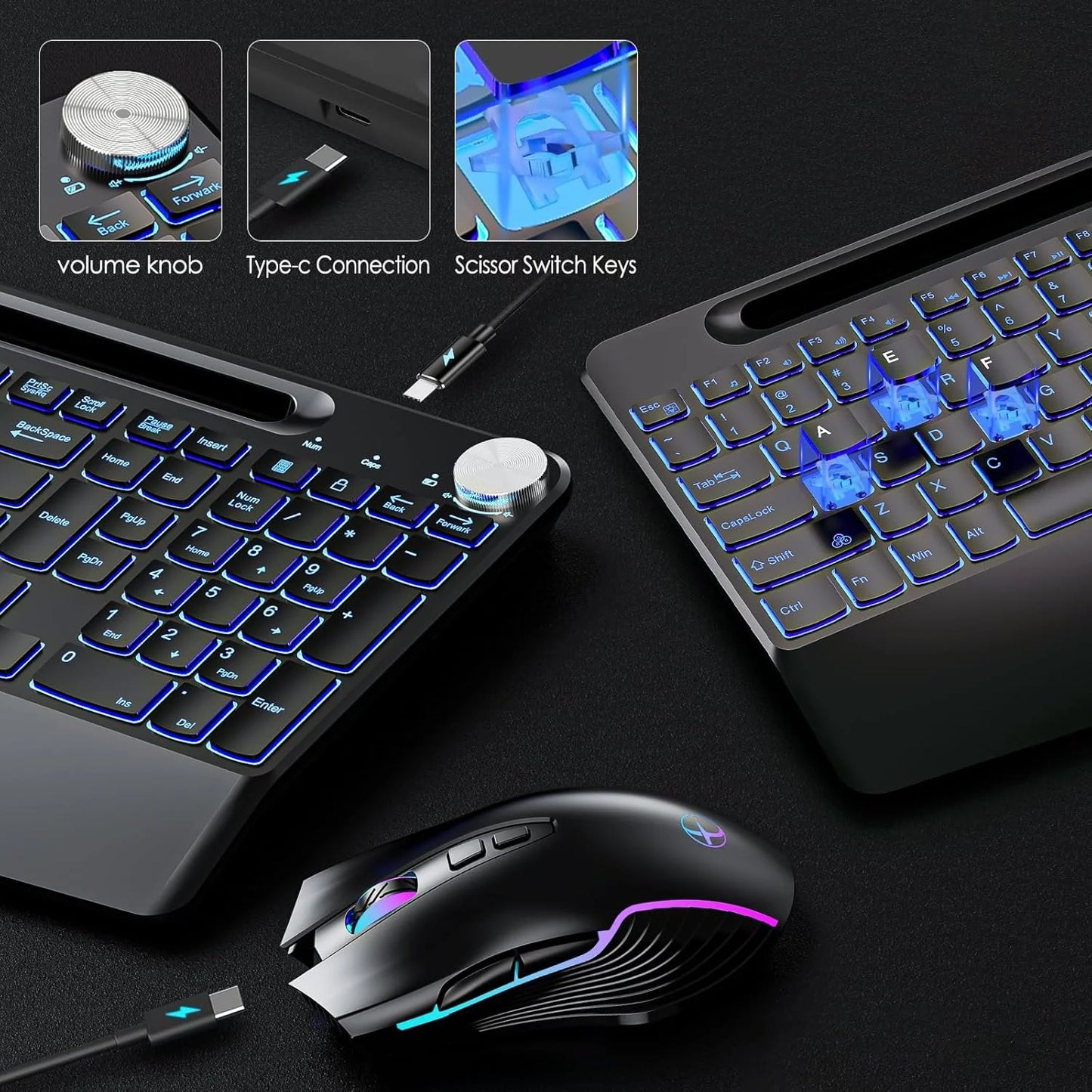 7 Colors Backlit Keyboard With Slot and Wrist Rest Volume Knob Keyboard Jiggle Mouse Set,Full Size Rechargeable Keyboard Set