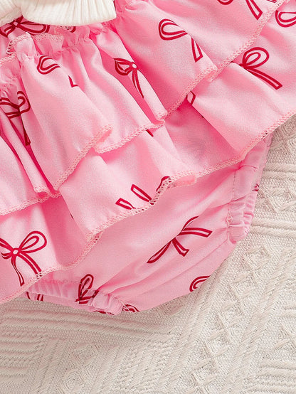 Baby Girl Summer Cute Bow Decoration Camisole Printed Bow Ribbed White