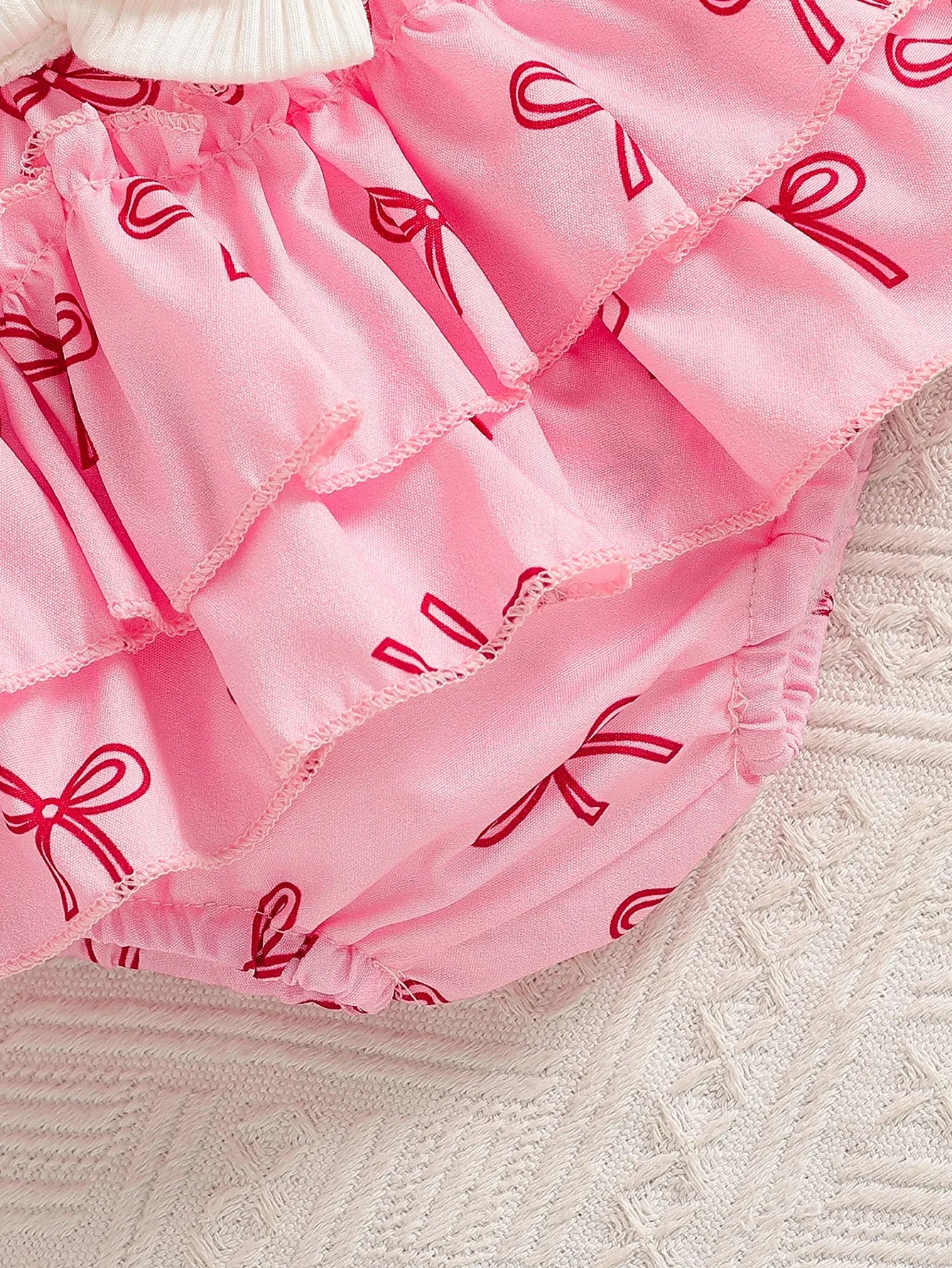 Baby girl summer cute bow decoration camisole printed bow ribbed white romper with white bow, color-contrast pink bow all-over p
