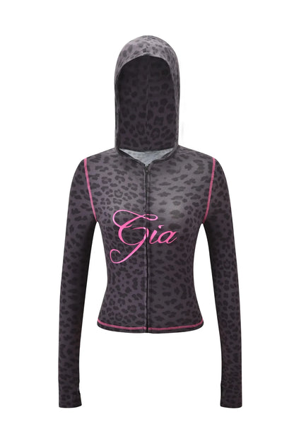 Gia Straight Shoulder Slim Letter Print Slim Hooded Zipper Short Jacket Sports Casual Pants Set