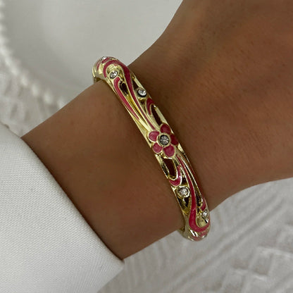 Elegant Enamel Dropped Glaze Flower Texture Bracelet For Women Retro Gold Plated Evil Eye Floral Zircon Bangle Party Jewelry