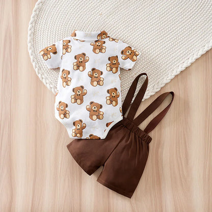 Newborn Baby boys Clothes Set Animal - bear print Fashion Summer Toddler Outfit short sleeve straps Clothe 2-piece outing suit