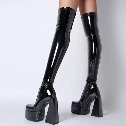 Women's Black Pyramids High Heels Thigh High Boots Sexy Platform White Over The Knee Party Shoes High Quality Big Size 43