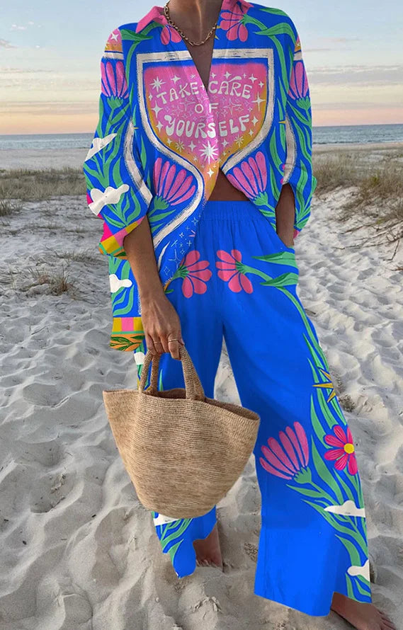 Fashion Print Beach Holiday 2-Piece Set Women Spring Summer Long Sleeve Shirt Top + Wide Legs Women's Oversized Two-Piece Outfit