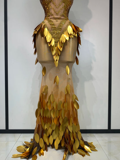 Women Sexy Strapless Mesh Maxi Long Dress Sparkly Gold Rhinestone Sequin Evening Party Gown Luxury Nightclub Birthday Prom Dress