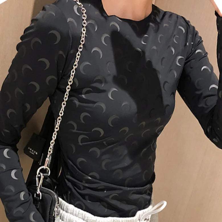 Sweet Two Piece Set Women American Retro Layered Outfit Long Sleeve Moon Print Top Ice Silk Pants Sexy Casual Autumn Fashion