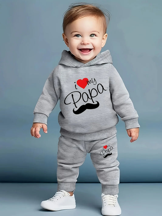 Newborn Baby Boy Long Sleeve Fleece Hoodie with Cartoon Letter Heart Print  Casual Sports Pants Set Autumn Winter