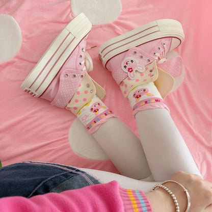 Chic Cartoon Women's Sports Shoes College Cute Platform High-top Summer Canvas Shoes for Girls Design Polka Dot Fold Sneakers