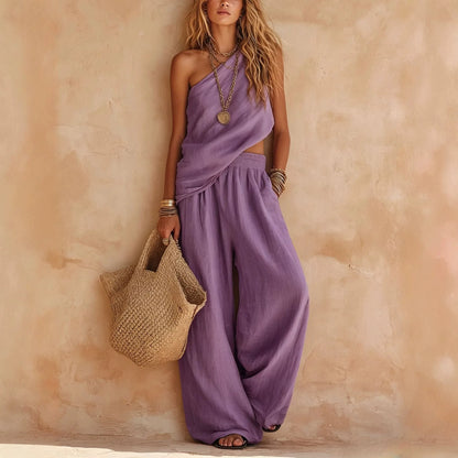 Womens Casual Matching Set Summer Linen Wide Leg Pants Jumpsuit Two Piece Outfits