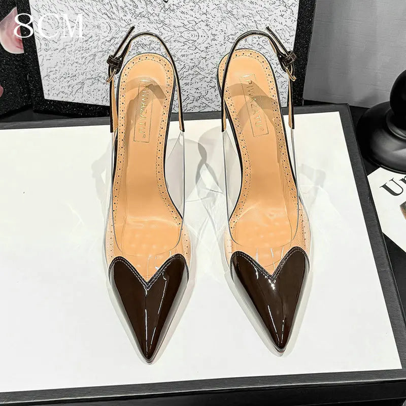 2026 Summer New Fairy-style Heart-shaped Pointed Toe Thin Heel Sandals for Women Transparent Patchwork Headpiece Back High Heels