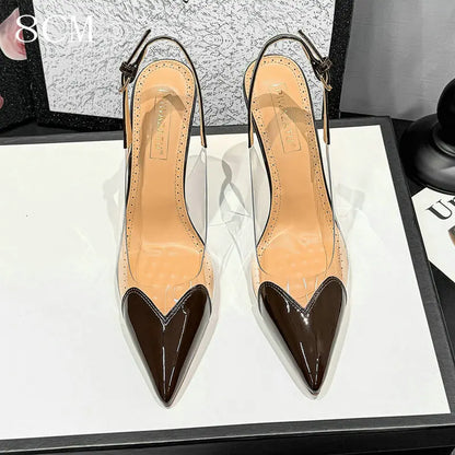 2026 Summer New Fairy-style Heart-shaped Pointed Toe Thin Heel Sandals for Women Transparent Patchwork Headpiece Back High Heels