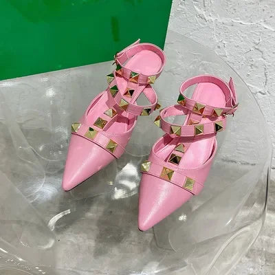 2024 New Rivet Pointed Thin Heel Baotou Half Slipper Female Middle Heel Shallow Mouth Lazy Mueller Shoes