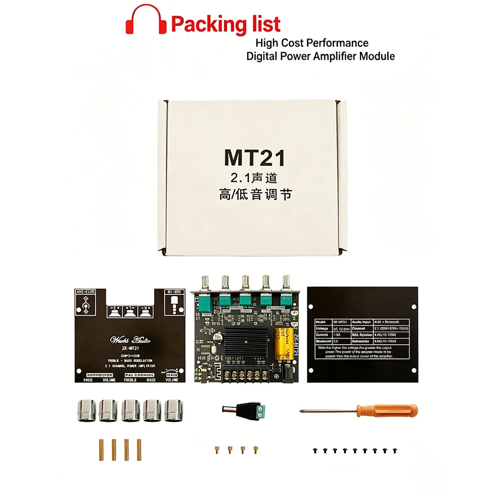 MT21 2.1 Channel Bluetooth 5.0 Audio Amplifier Board 100W Subwoofer 50W*2 L/R Stereo Amp Module Bass Treble Control AUX Input DC12-24V for Home Speaker DIY
