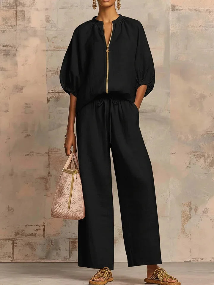 Women's Casual Solid Color Cozy Pant Set Chic Laple Zipper Short Sleeve Shirt Elasticity Waist Pant Suit Women New Two Piece Set