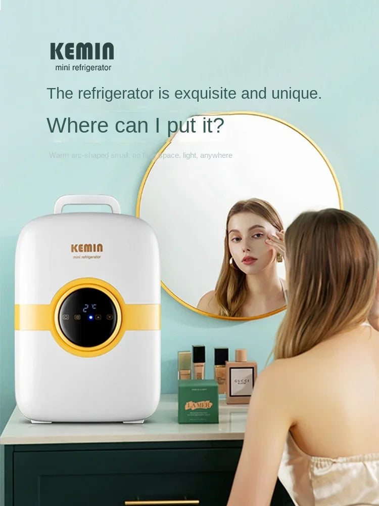 Mini refrigerator for storing facial masks, facial creams and cosmetics. Beauty refrigeration for skin care cosmetics.