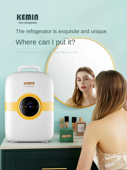 Mini refrigerator for storing facial masks, facial creams and cosmetics. Beauty refrigeration for skin care cosmetics.